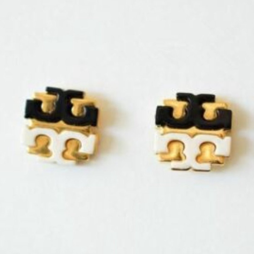 Tory Burch Earrings Black White Logo Studs NEW $129 - Picture 2 of 4
